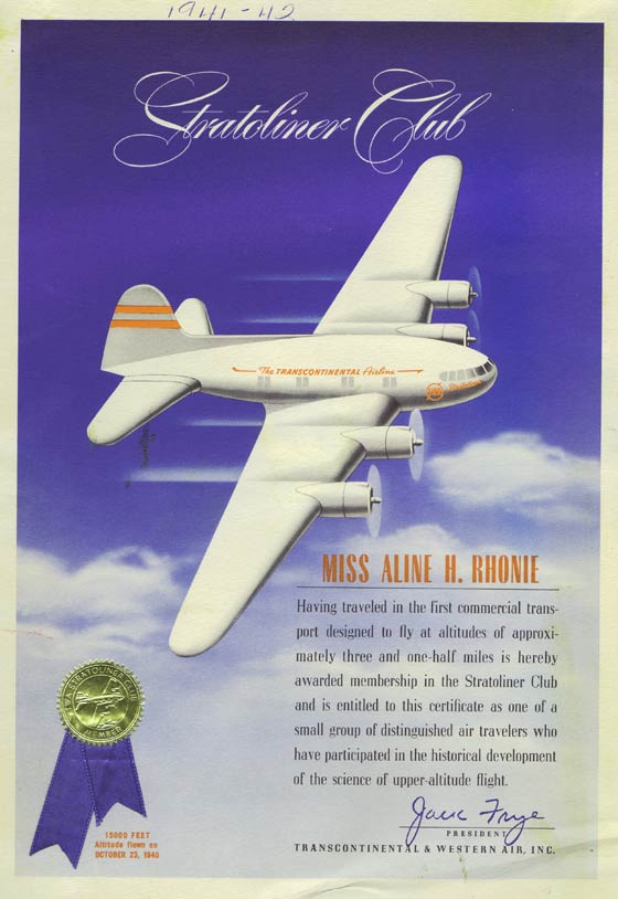 TWA Stratoliner Club Certificate, October 23, 1941 (source: Roberts)